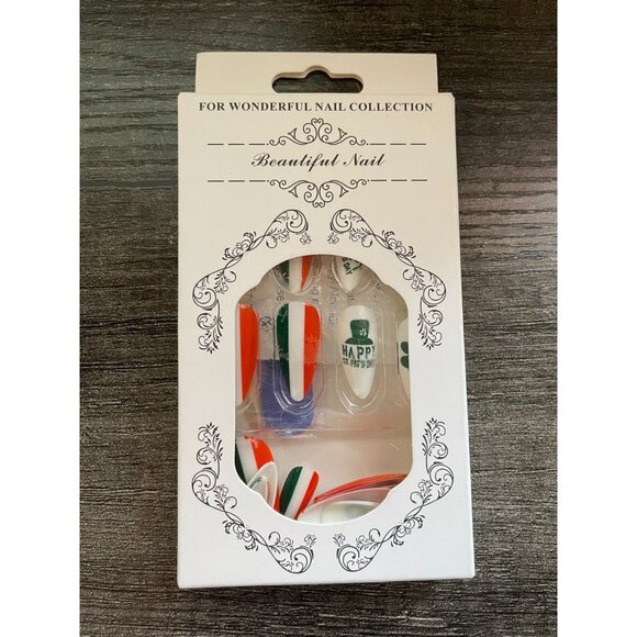 Press on nails 24Pcs Almond Green St. Patrick's Day Non-Toxic Odorless striped - Picture 6 of 7